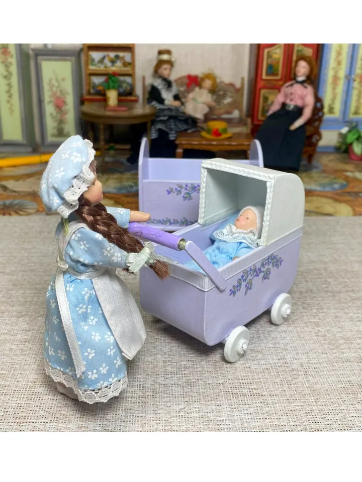 Doll cradle and stroller.
Handmade. 1:12. Dollhouse miniature.