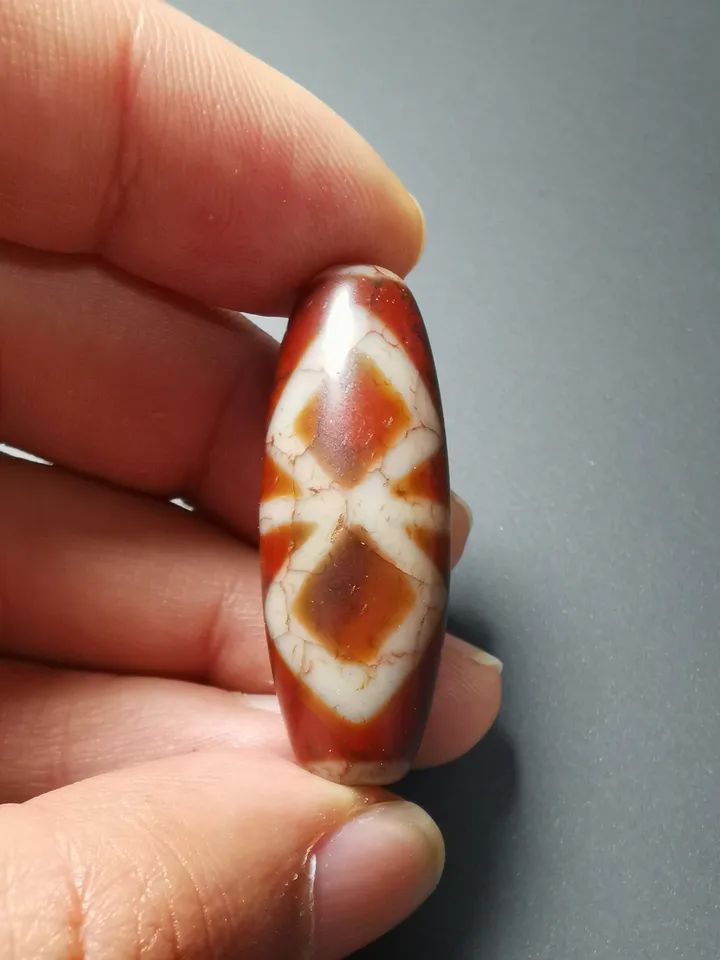 Gandhanra Ancient Tibetan Fire Agate Phum Dzi Bead with Dorje Vajra Pattern(1.58" * 0.55"), Protective Amulet for Vajrayana, zee Bead