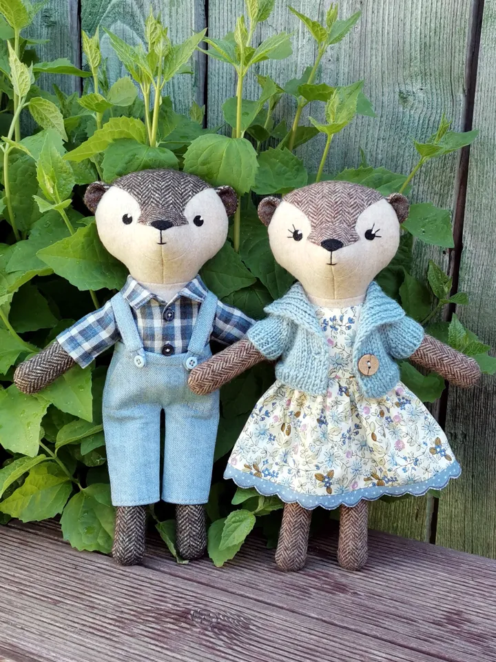 Beige otter girl, handmade plush doll, stuffed otter toy, textile animal doll