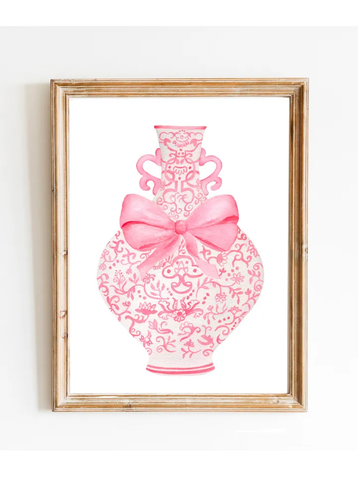 Pink Chinoiserie Ginger Jar With Bow, Watercolor Painting, Pastel Wall Art, Pink Bow Art, Nursery Wall Art, Preppy Pink Bow, Chinese Print