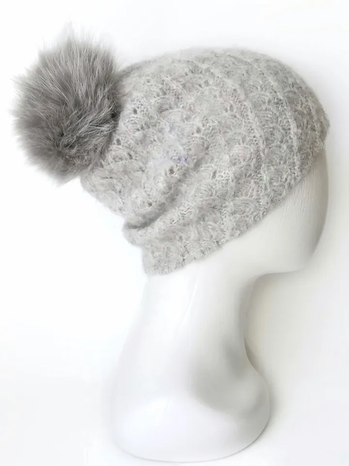 Hand-Knit Mohair Women's Hat in Light Grey with Pom Pom - Unique Winter Accessory. Cozy Handcrafted Women's Beanie. FREE SHIPPING!