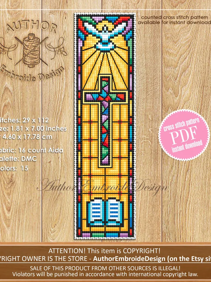Stained glass bookmark cross stitch pattern PDF download Christian cross stitch chart, Bookmark pattern digital PDF, Bible accessories #B297