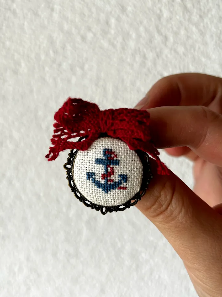 Brooch with embroidery, marine, anchor, petit point, birthday gift, Christmas gift