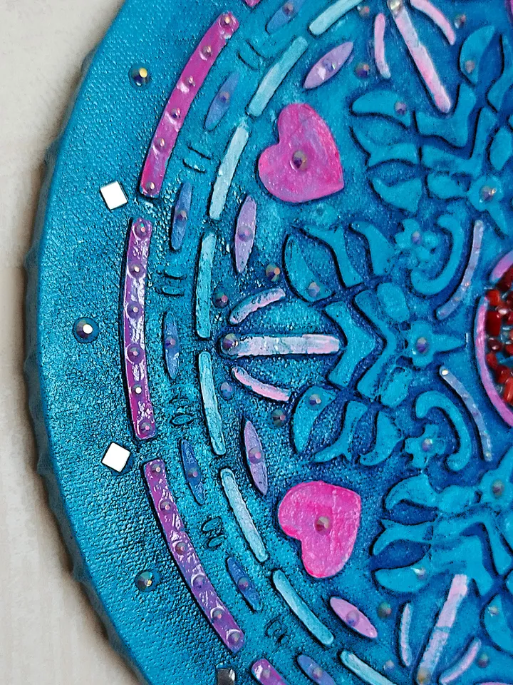 Mandala textured painting. Mandla love wall decor glitter art