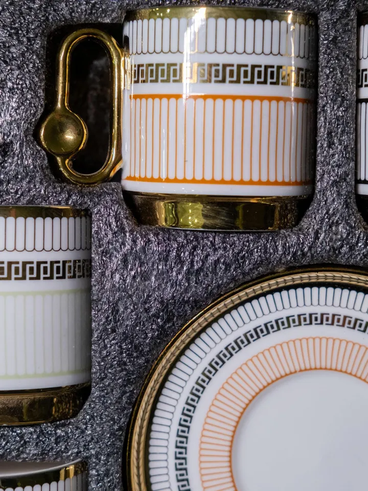 90 ml Creative Handle Elegant Orange & Gold Design Porcelain Coffee Cup Set | Luxurious Durable Cup Set Perfect Gift First Mothers Day Gift