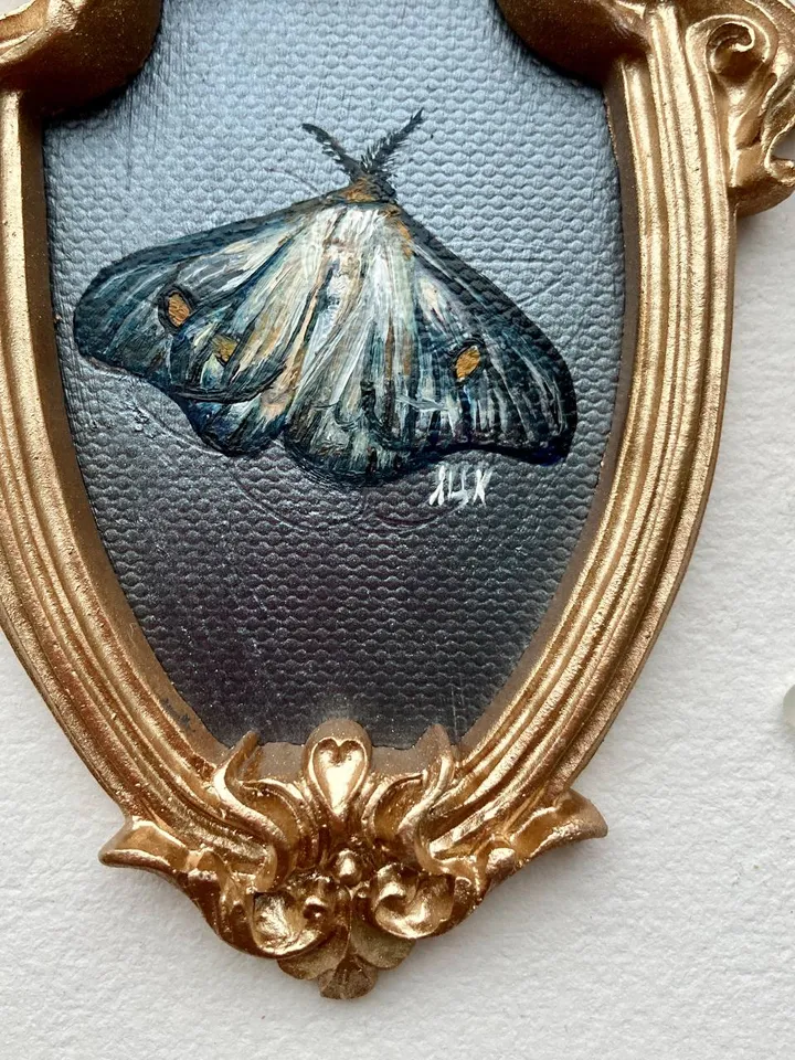 Moth Painting Original Gold Frame Art Original Oil Painting Small 3x4 Butterfly Artwork Enotomology Wall Decor