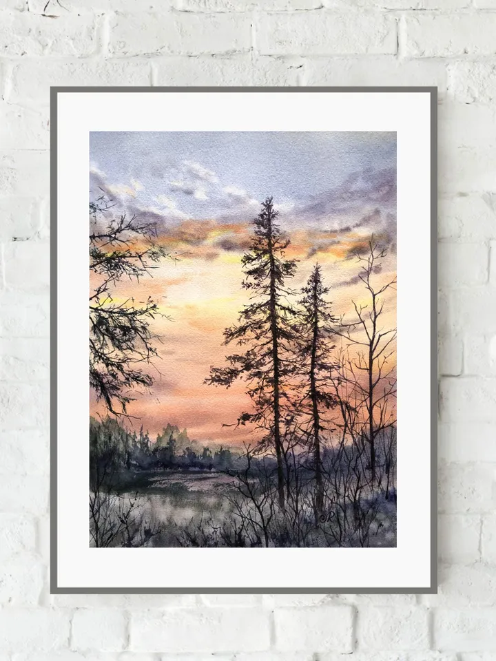 Landscape Original Painting Sunset Watercolor Painting Trees Forest Wall Art