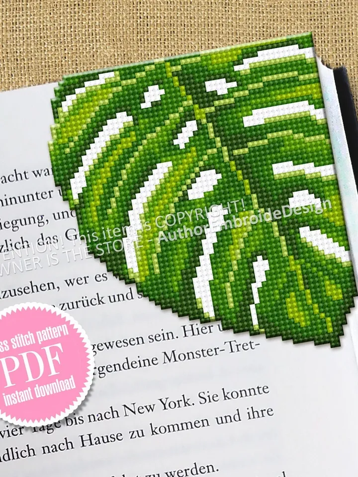 Monstera Corner bookmark cross stitch pattern PDF download Monstera leaf cross stitch chart, Bookmark pattern digital PDF, Home plant #B324