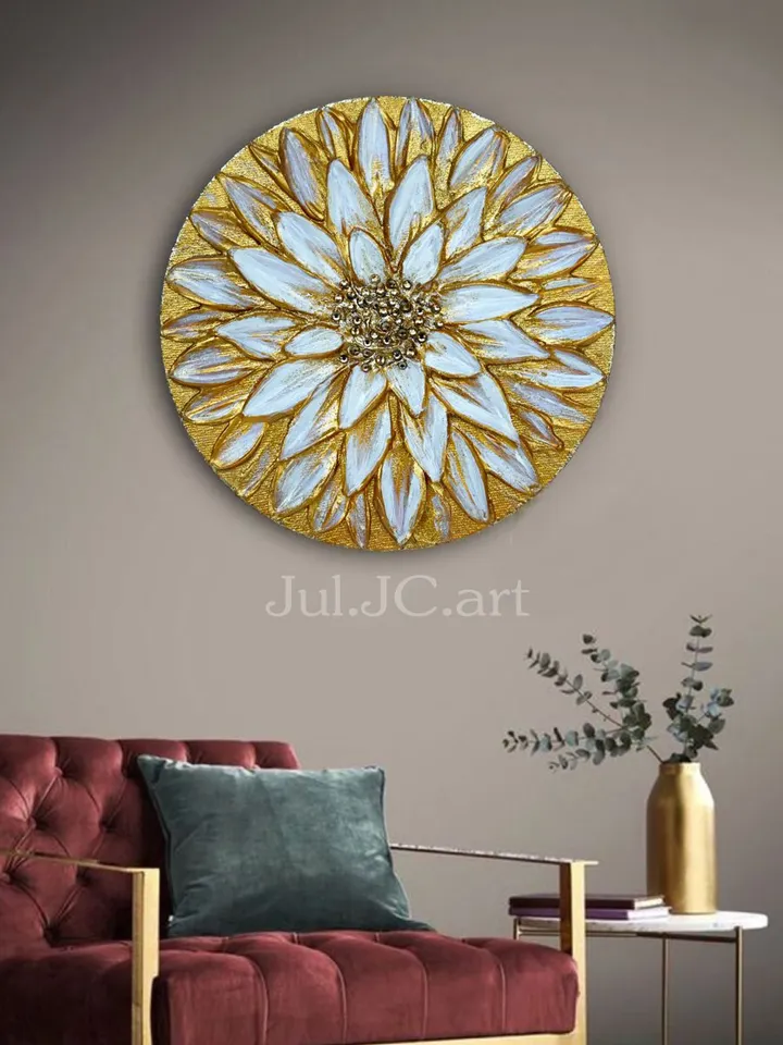 Golden Daisy art Floral Abstract Original Painting Textured artwork on a round canvas | Gold Flower wall art with gold crystals