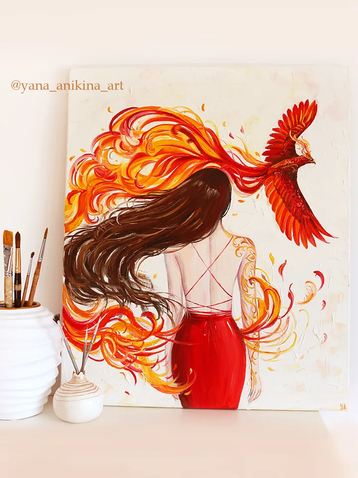 Phoenix Oil Painting on Canvas Phoenix Art Original Phoenix and Woman Artwork Handmade