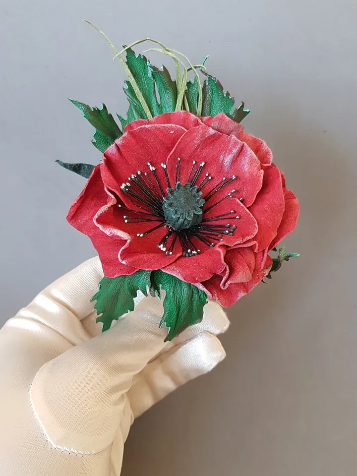 Leather brooch poppy for her, Leather womens jewelry