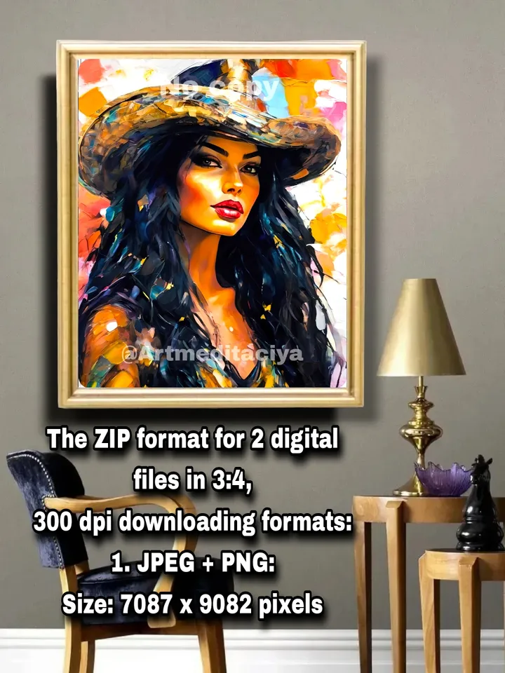 The digital textural painting "A Mexican girl in a sombrero", made in the style of oil painting with an impasto palette knife on an abstract multicolored background, is an image of a burning charismatic long-haired brunette in a wide-brimmed hat