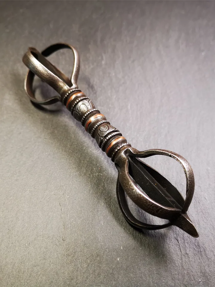 Gandhanra Vintage Five-pronged Vajra Dorje,Tibetan Tantric Buddhism (Vajrayana) Ritual,Altar Tool,Made of Cold Iron,Inlaid Copper