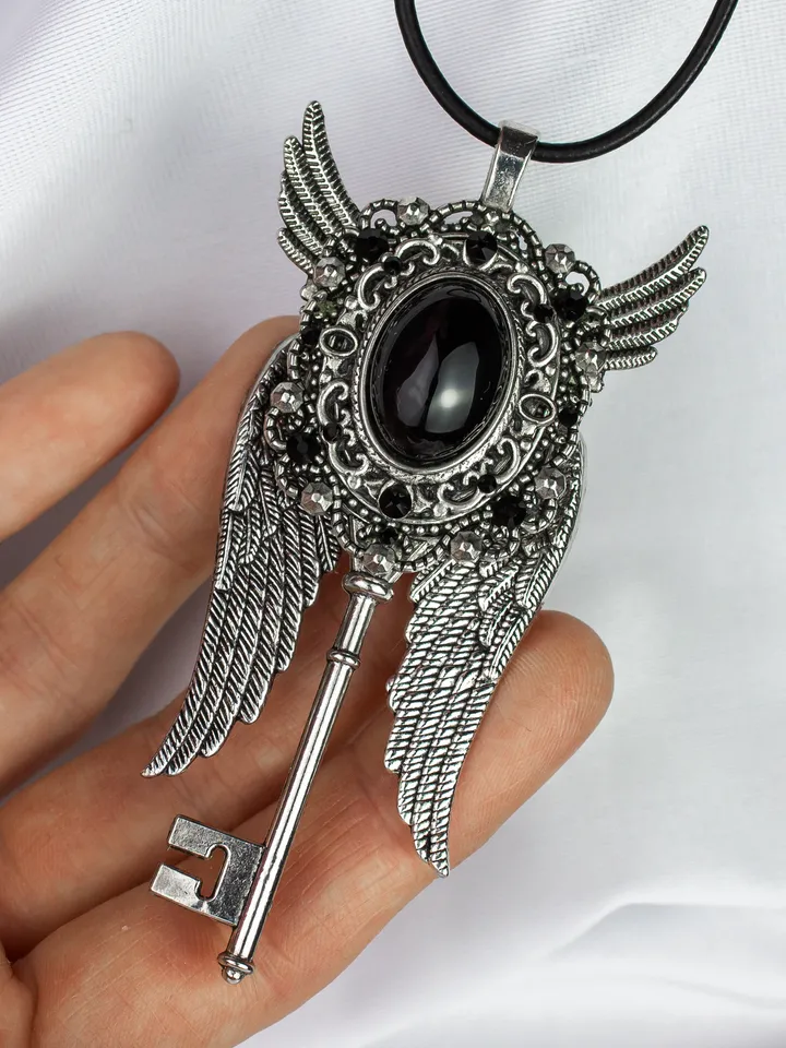 Gothic Winged Key Necklace with Black Obsidian and Swarovski Crystals – Vintage Steampunk Jewelry