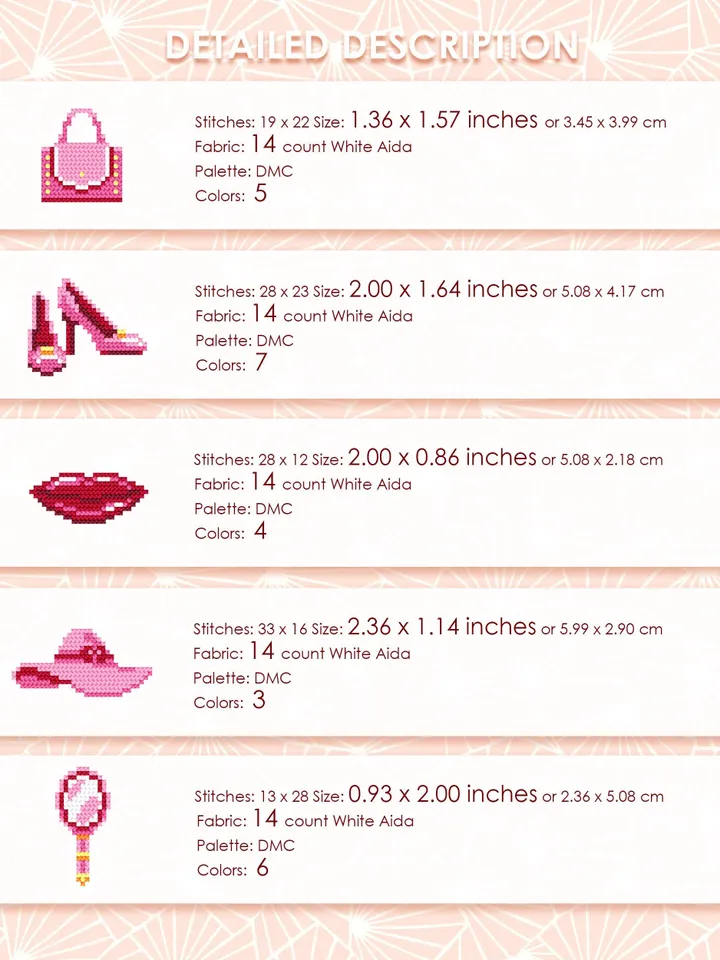 Set of 17 women accessories cross stitch pattern PDF download Mini female cross stitch chart Small fashion pattern digital PDF for girl #O23