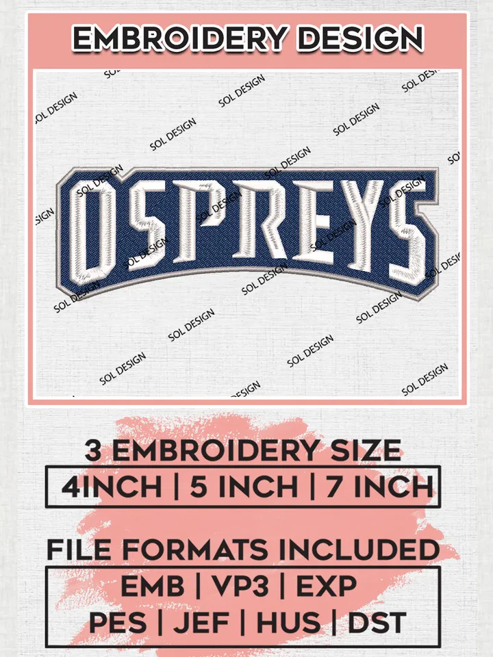 NCAA Ospreys Team Word Logo Embroidery Design Files, NCAA North Florida Ospreys Machine Embroidery, NCAA Teams, 3 sizes, NCAA Machine embroidery designs, Digital Download