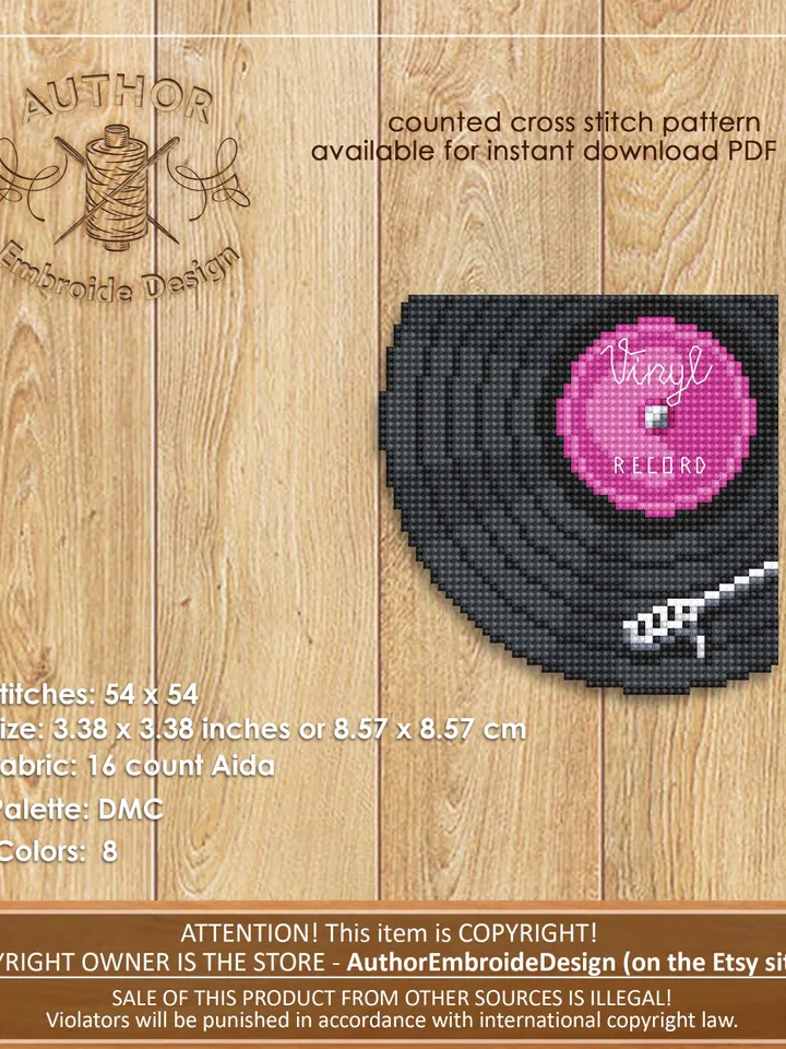 Corner bookmark cross stitch pattern PDF download Vinyl record cross stitch chart, Music bookmark pattern digital PDF, Retro vintage #B348