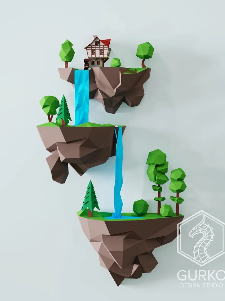 Papercraft Flying Island. Waterfall, Digital Template, PDF Download, Gurko, 3D Low Poly, Pepakura, DIY Origami Sculpture, Paper Decor, Gift