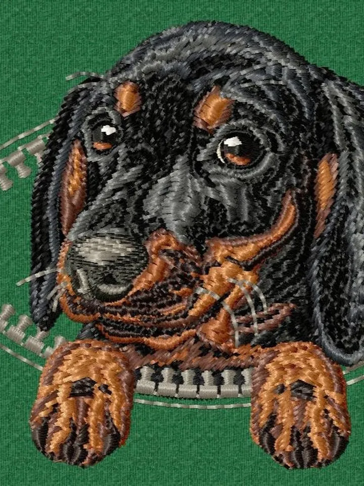 Dachshund in a zipper pocket Miniature realistic machine embroidery design Pet design dog realistic pattern puppy embroidery motif