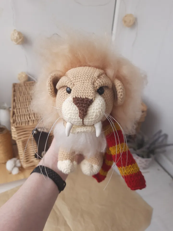 Soft toy lion in a scarf Gryffindor. Harry Potter symbol. Gift for Harry Potter fans. Stuffed lion toy for gift