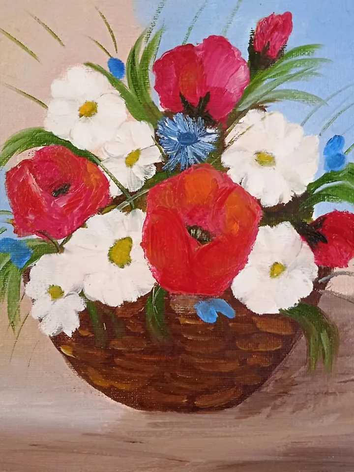 Painting with red flowers Basket daisies Original floral art Original painting