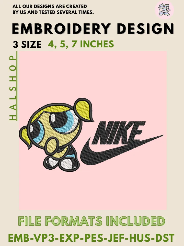 Bubbles x Nike Machine Embroidery Design – Powerpuff Girls Cartoon Digital Embroidery File 💙