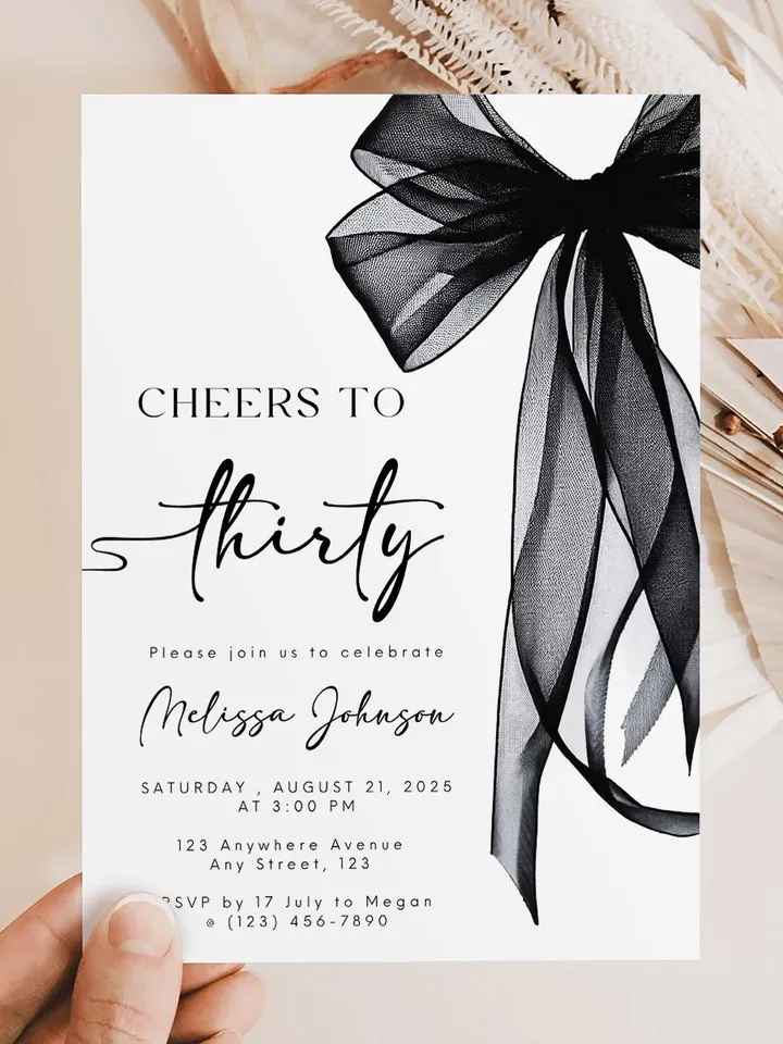 Coquette Black Bow 30th Invitation, Editable Thirtieth Birthday Party Invite, DIY Digital Black Ribbon, Cheers to Thirty Invite