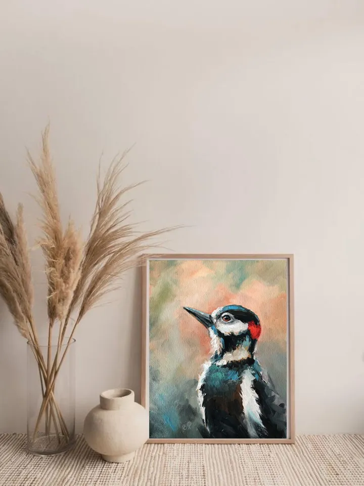 Birds Original Painting Woodpecker Wall Art Bird Oil Painting