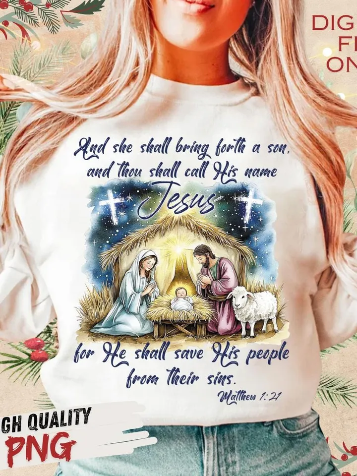 Jesus Christmas PNG, She Shall Bring Forth a Son PNG, O Come Let Us Adore Him, Nativity Scene PNG, Christian Christmas Png, Coquette bow png
