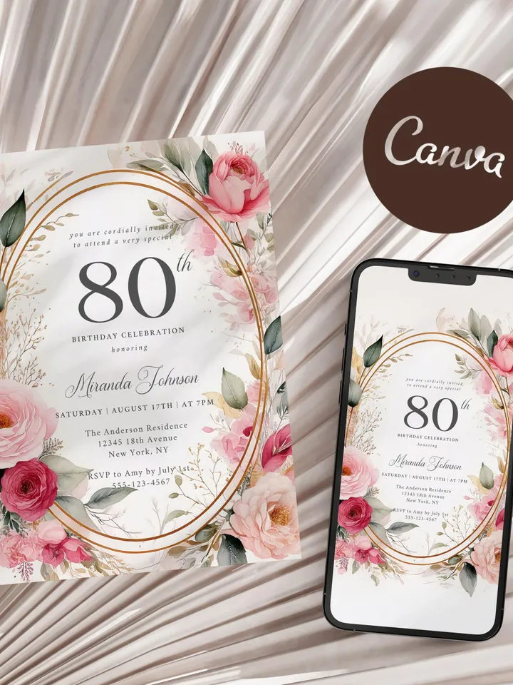 80th Birthday Invitation for Women – Blush Pink & Gold Floral, Elegant Printable Party Invite for Grandma or Mom, Digital Canva Template