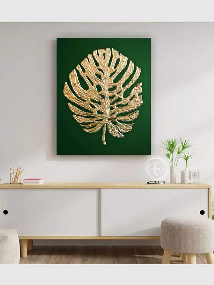 Gold Monstera Leaf Wall Art Green and Gold Abstract Painting Original artwork Modern wall decor