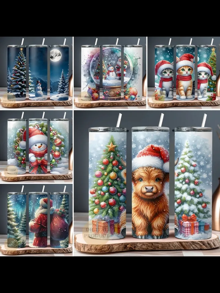 10 Christmas 20 Oz Tumbler Wrap png Bundle, Christmas Sublimation Designs for Tumblers, Santa with Sleigh, Christmas Gnomes with Santa Cat