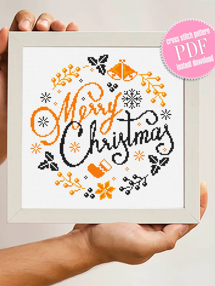 Merry Christmas cross stitch pattern download PDF Winter holiday cross stitch Round christmas ornament stitch chart DIY Christmas decor #N33