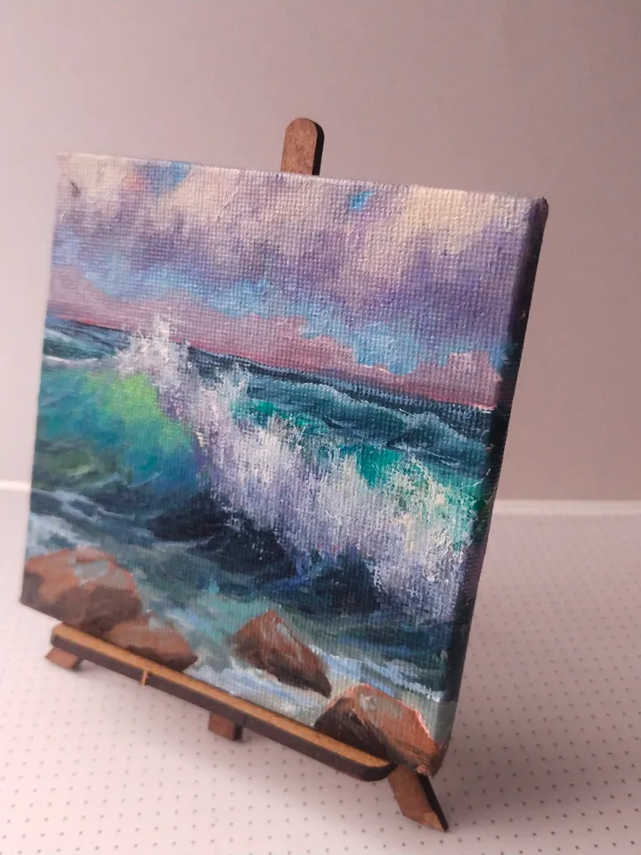 Original Seascape Oil Painting, Miniature canvas with easel, Turquoise Wave art decor, Unique gift for art lover