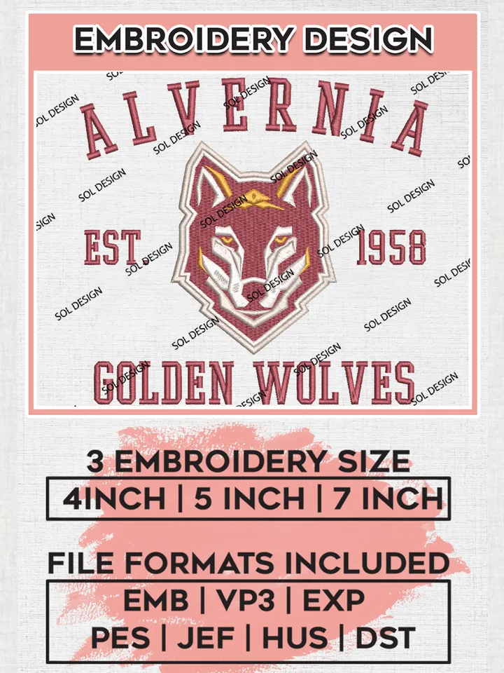 NCAA Alvernia Golden Wolves Team Est 1958 Logo Embroidery Design Files, NCAA Alvernia Golden Wolves Machine Embroidery, NCAA Teams, 3 sizes, NCAA Machine embroidery designs, Digital Download