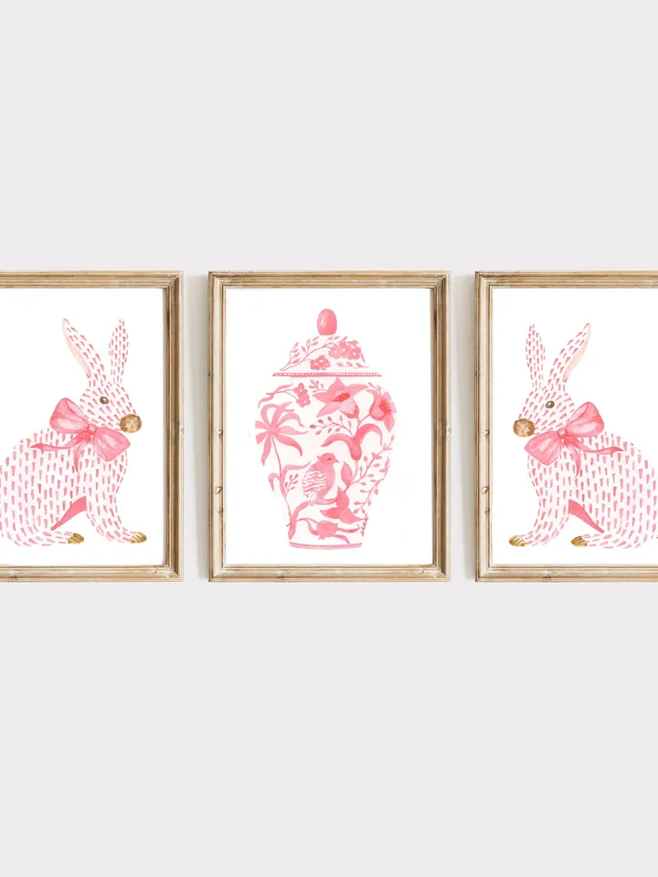 Pink Chinoiserie Set of 3 Art Prints, Watercolor Painting, Asian Vase Art, Rabbit Painting, Pink Bow Art, Ginger Jar, Chinoiserie Set Print