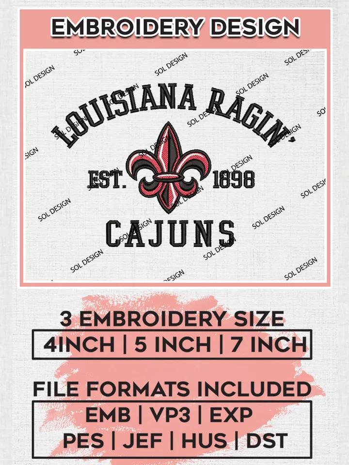 Louisiana Ragin Cajuns Est 1898 Logo Embroidery Designs, NCAA Louisiana Ragin Cajuns Team Embroidery, NCAA Team Logo, 3 sizes, Machine embroidery Files, Digital Download