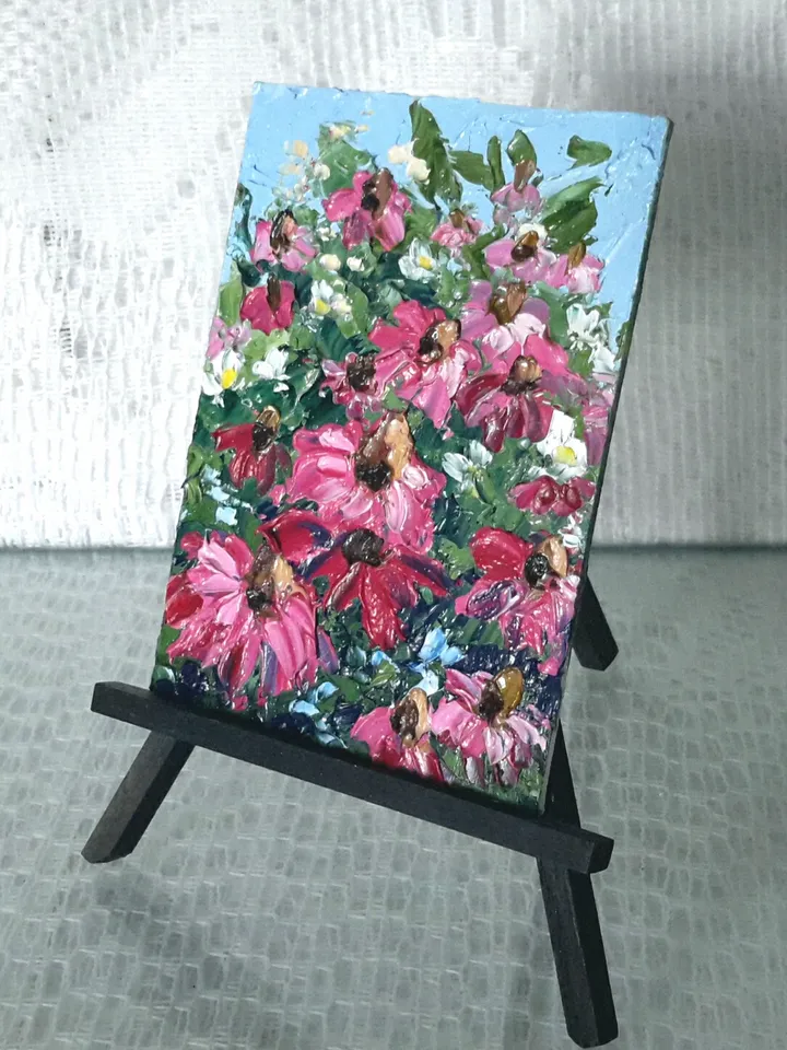 Echinacea Original Oil ACEO Painting Daisies Impasto Miniature Artwork