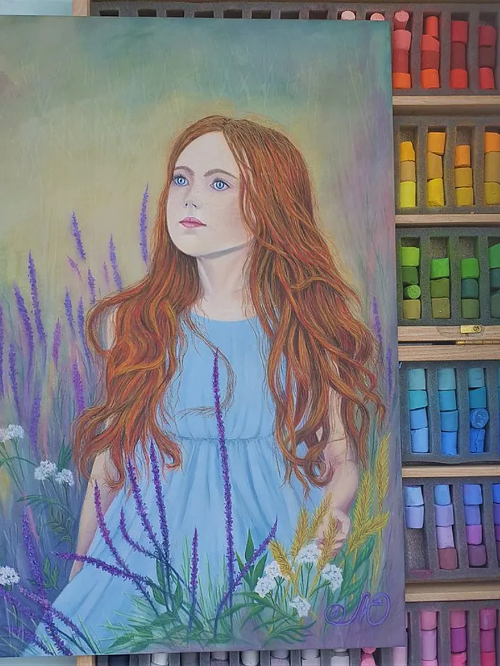 Girl Painting Lavender Original Art Red haired Girl Woman Soft Pastel Painting