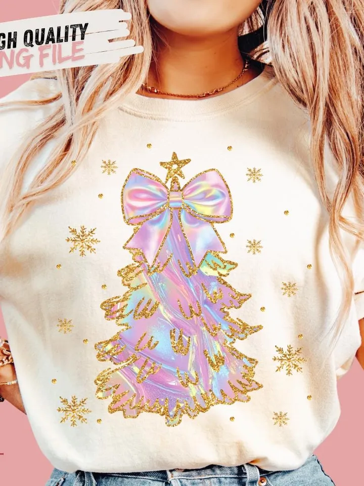 Iridescent Christmas Tree PNG, Coquette Christmas Png, Iridescent Christmas Png, Girly Christmas Png, Colorful Glitter Christmas Tree Png