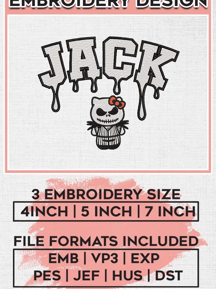 Halloween Hello Kitty x Jack Skelling Drop Name Embroidery designs, Nightmare Before Christmas Machine embroidery designs, Halloween embroidery files, Spooky Season Machine Embroidery Digitized Pes Files, Digital Download