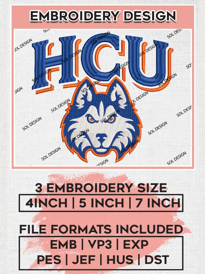 NCAA HCU Huskies Team Logo Embroidery Design Files, NCAA Houston Christian Huskies Machine Embroidery, NCAA Teams, 3 sizes, NCAA Machine embroidery designs, Digital Download