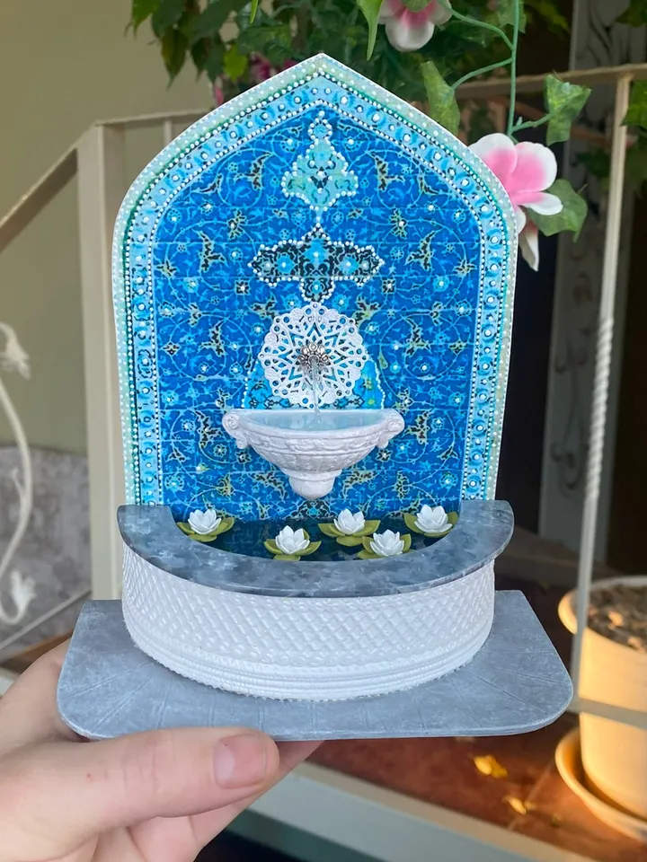 Wall fountain with lotuses. Dollhouse miniature. 1:12.