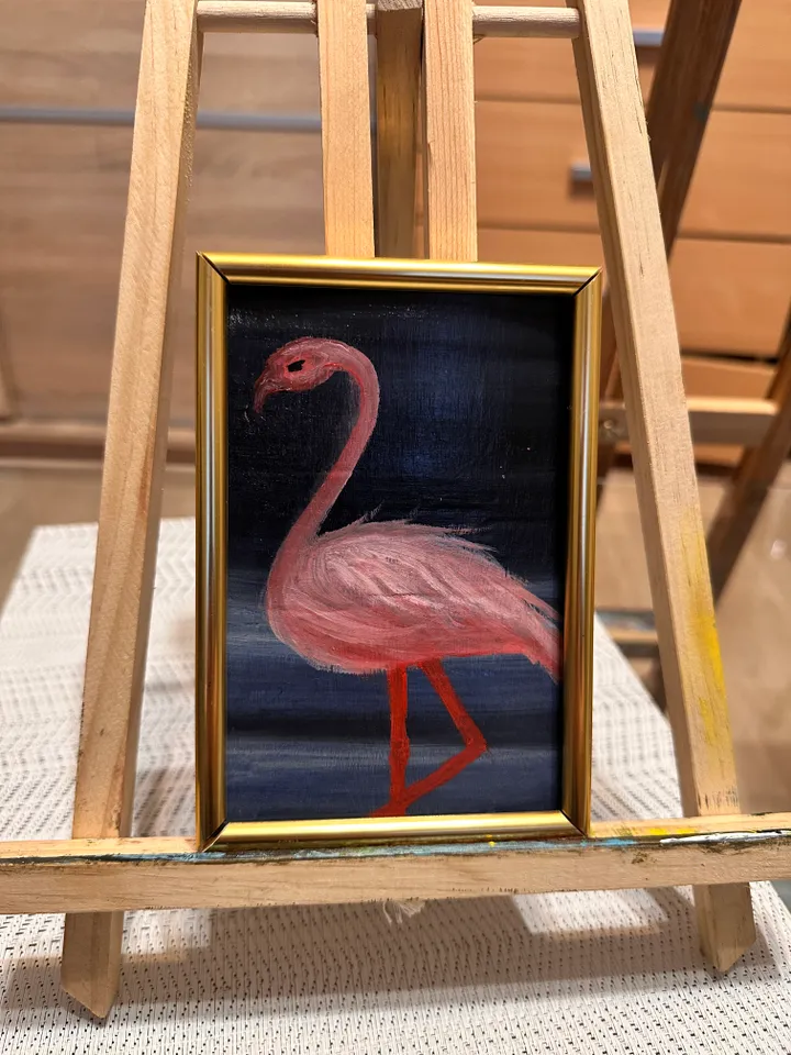 Oil painting. Pink flamingo.Birds.A water landscape.The miniature is 6x4 inches.Pape