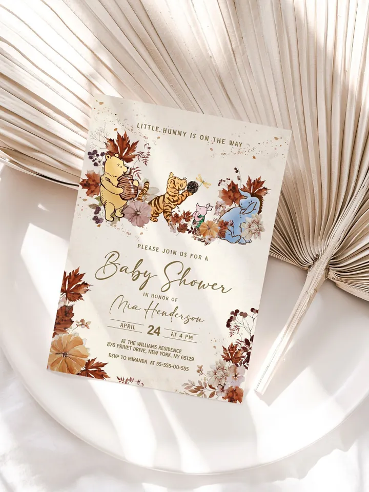 Autumn Winnie Pooh  Pumpkin Baby Shower Invitation; Pooh Baby Shower Editable Template; Pooh Pumpkin Baby Shower; Baby Shower trend  wpum12