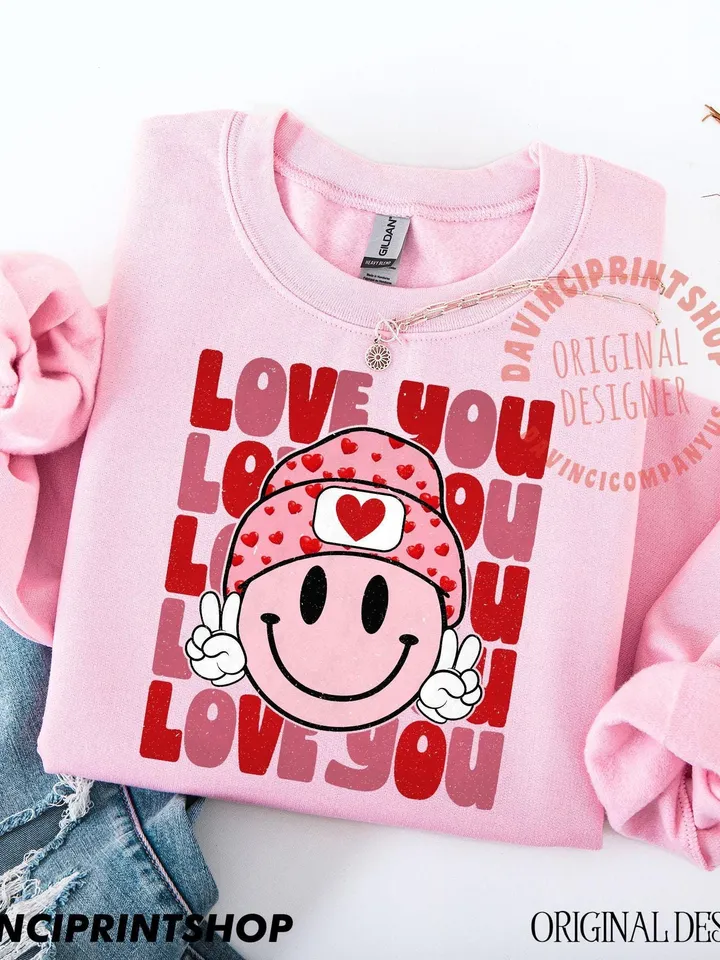Love You png, Retro Valentines png, Valentines Day png, Valentines Shirt png, Love Sublimation, Retro Smile Face png, Sublimation png design