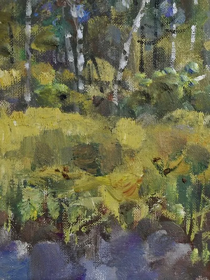 Autumn Painting Landscape Original Art Fall Nature Cloudy Day Birch Trees Canvas