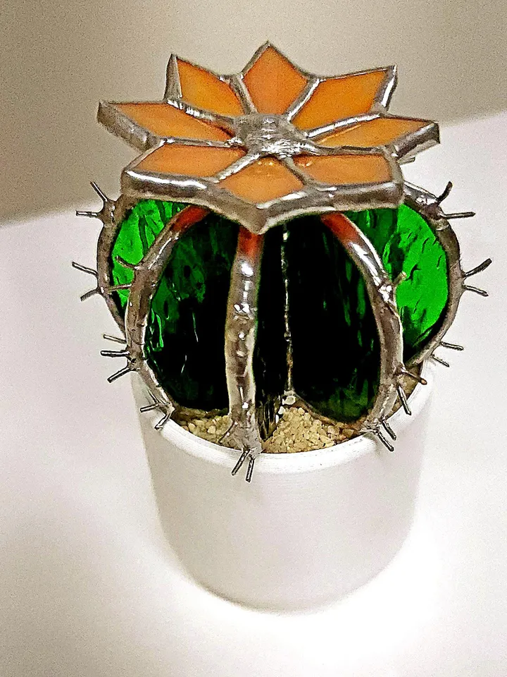 Stained Glass Cactus Suncatcher in White Pot with Stand - Cute Miniature Barrel Cactus with Flower