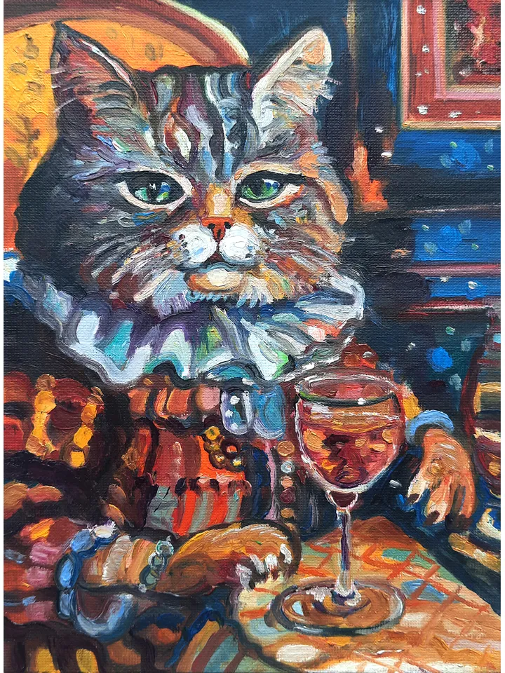 Funny Cat grey with a glass Oil Painting Impasto Artwork Oil on canvas 8*6 inc