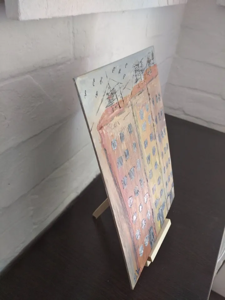 Oil painting City high rises tall buildings street original art handmade cardboard 10x7 inches